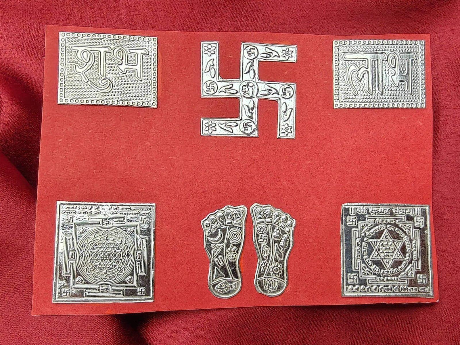 Diwali Puja / Gift Set with Laxmi charan, Swastik, subh labh, Laxmi yantra, Sree yantra.
